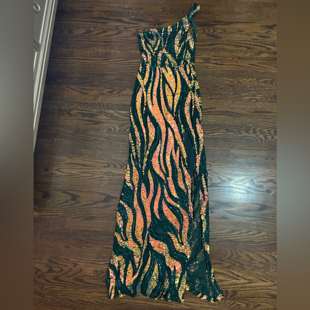 One Shoulder Evening Gown with Leg Split Colour Changing Sequins Back Cut Out